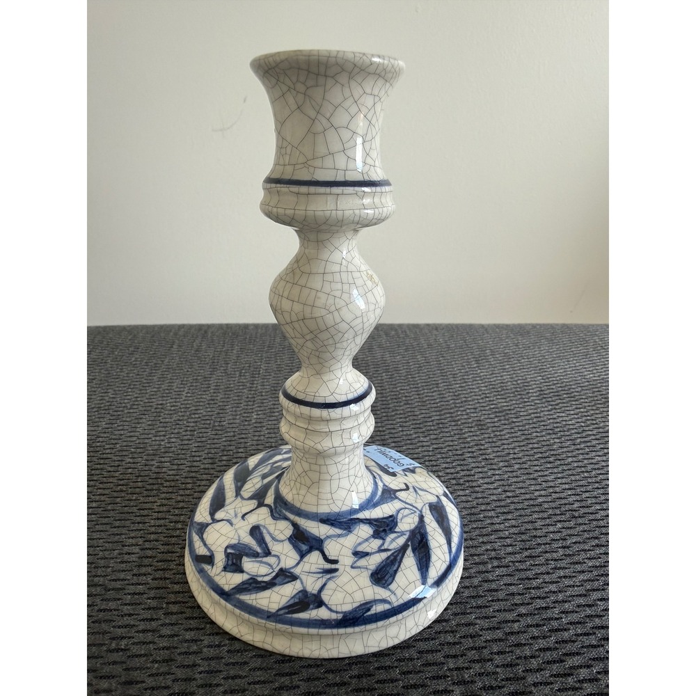MFA BK84 USA Blue White Crackle Glaze Ceramic Candlestick Holder Hand Painted